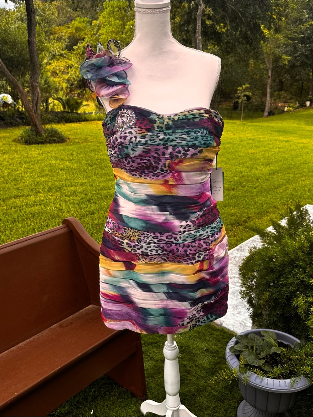 Terani Couture One-Shoulder Multicolor Floral & Animal-Print Cocktail Dress